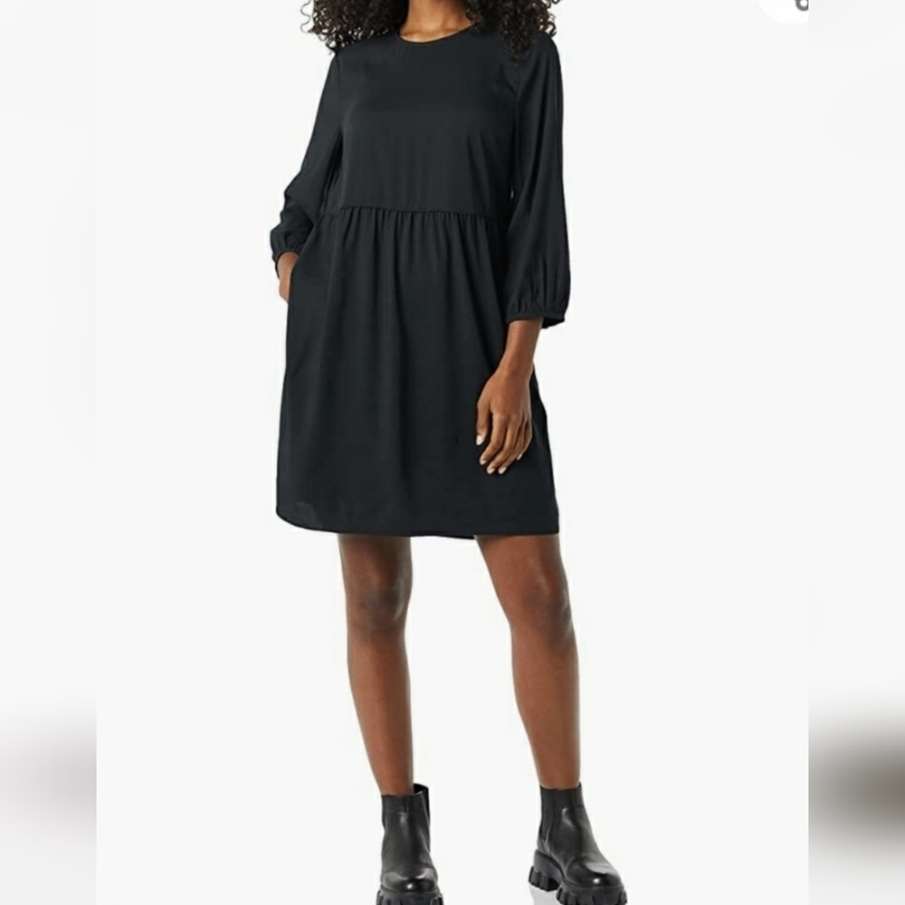 Amazon Essentials Black Satin Georgette 3/4 Sleeve Crew Neck Mini Dress Size M